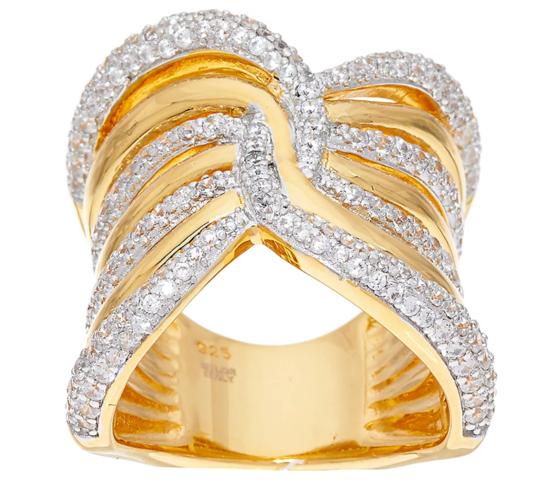 Italian Silver Sterling Gold Clad Wide Polished Crystal Band Ring Size 5