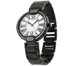Bronze Pave' Crystal Bezel Round Panther Link Black  Watch by Bronzo Italia