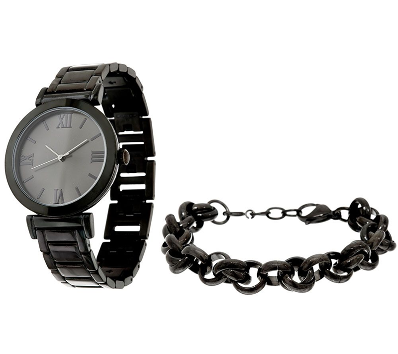 Black Stainless Steel Watch Set with Bracelet, Boxed