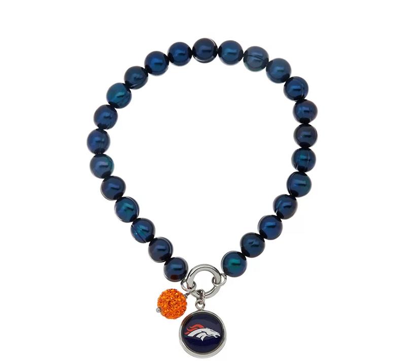 Honora Cultured Pearl NFL Team Stretch Orange Charm Blue Bracelet Large