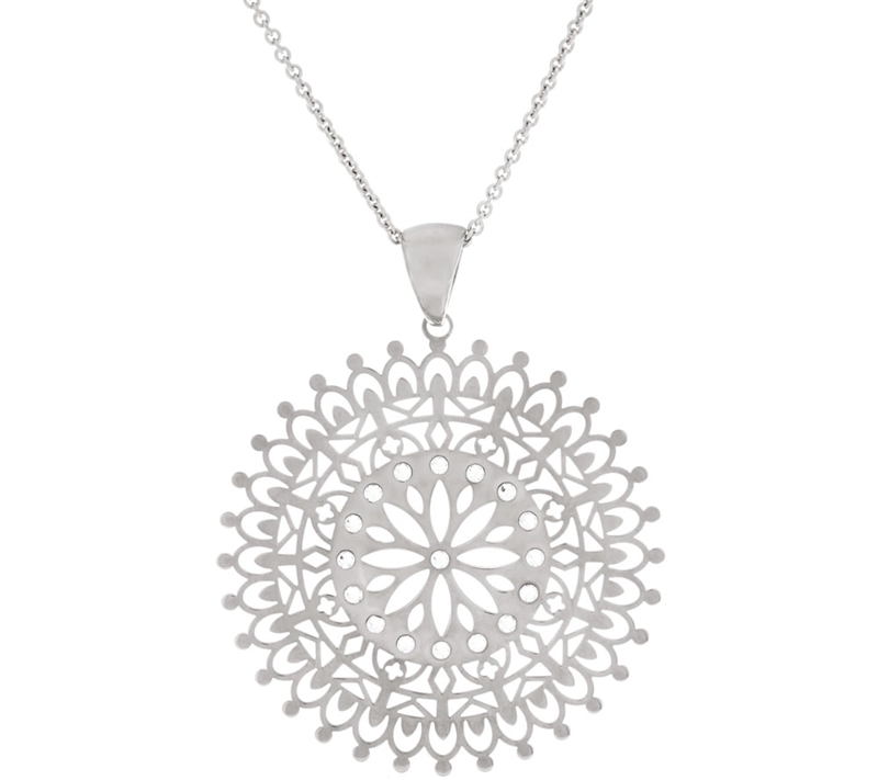 Bronze Cut-Out_Crystal Silver Tone Pendant w/18" Chain by Bronzo Italia