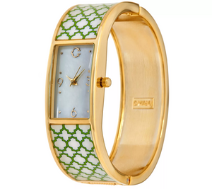 C. Wonder Trellis Green/White Print Mother-of-Pearl Dial Gold Tone Hinged Bangle Watch Large (Copy)