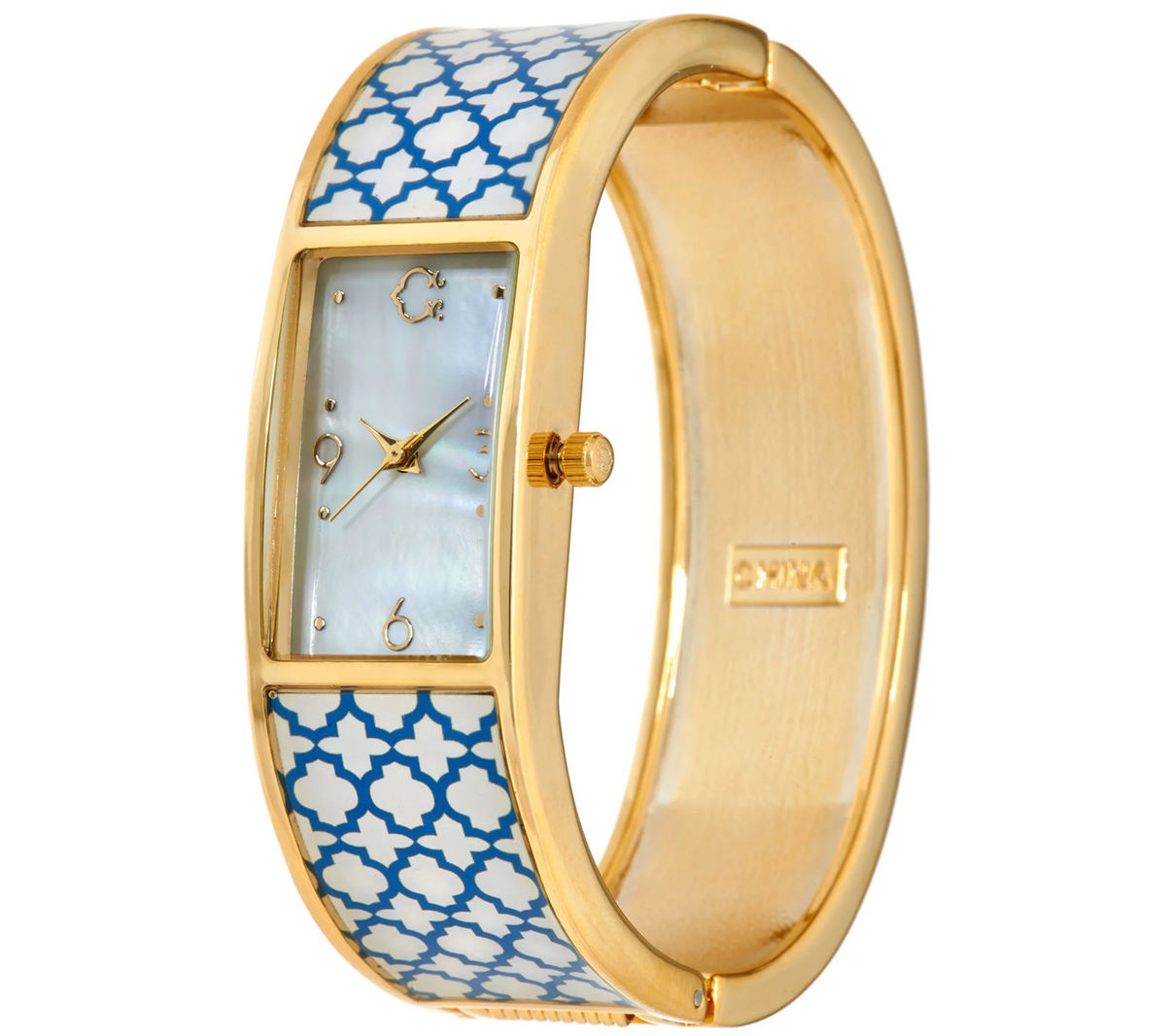 C. Wonder Trellis Blue/White Print Mother-of-Pearl Dial Gold Tone Hinged Bangle Watch Avg