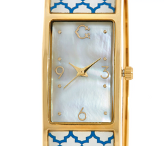 C. Wonder Trellis Blue/White Print Mother-of-Pearl Dial Gold Tone Hinged Bangle Watch Avg