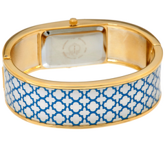 C. Wonder Trellis Blue/White Print Mother-of-Pearl Dial Gold Tone Hinged Bangle Watch Avg