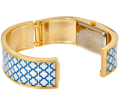 C. Wonder Trellis Blue/White Print Mother-of-Pearl Dial Gold Tone Hinged Bangle Watch Avg
