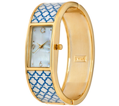 C. Wonder Trellis Blue/White Print Mother-of-Pearl Dial Gold Tone Hinged Bangle Watch Avg
