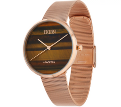 Ecclissi Facets Gemstone Tigers Eye Dial/Rosetone Stainless Steel Adjustable Watch