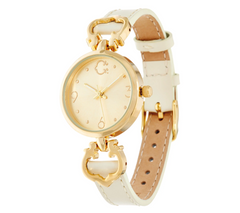 C. Wonder Round Dial Status Signature "C" White Leather Gold Tone Watch