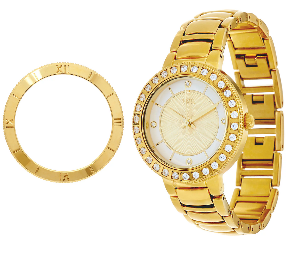 Diamonique Gold Tone Bracelet Strap Watch with Two Bezels