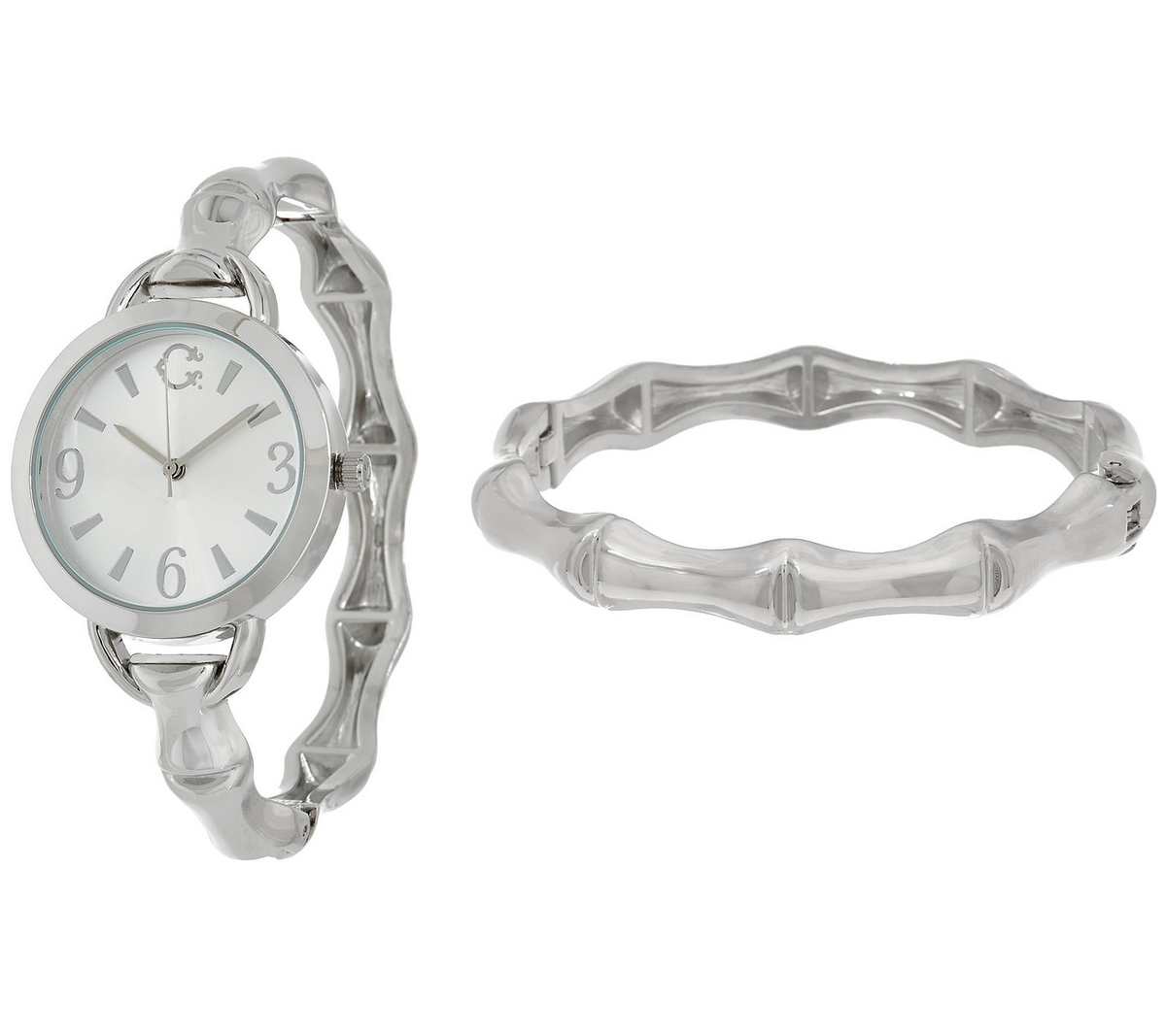 C. Wonder Bamboo Hinged Silver Tone Watch & Round Bangle Set Avg