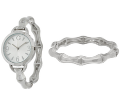 C. Wonder Bamboo Hinged Silver Tone Watch & Round Bangle Set Avg
