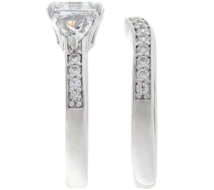 Diamonique Platinum Clad Asscher Bridal Ring Set, Size 7
