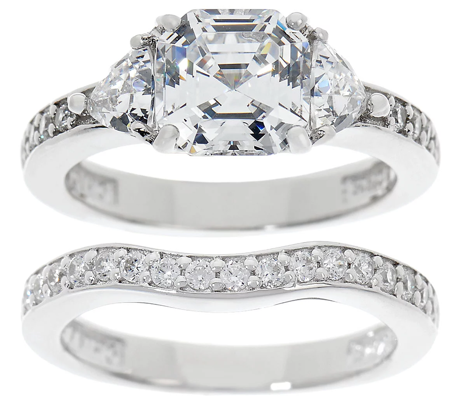 Diamonique Platinum Clad Asscher Bridal Ring Set, Size 7
