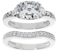 Diamonique Platinum Clad Asscher Bridal Ring Set, Size 7