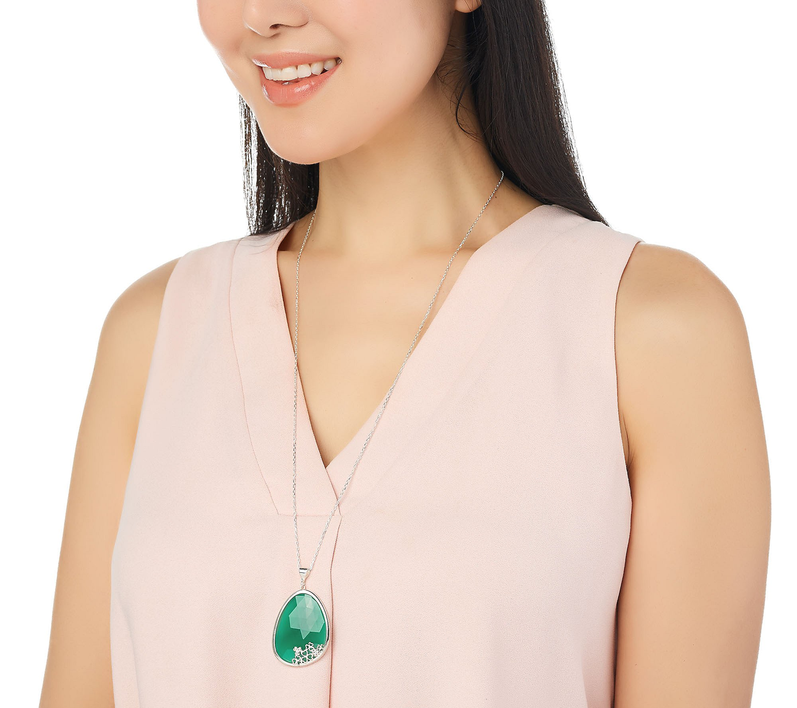 JMH Jewellery Sterling Silver and Green Onyx Gemstone Pendant with 28" Chain
