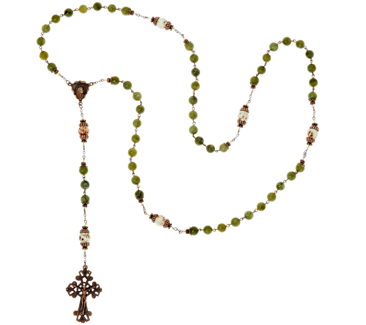 Connemara Marble Bronzetone Green and Mint Green Beaded Antiqued Rosary, 24"