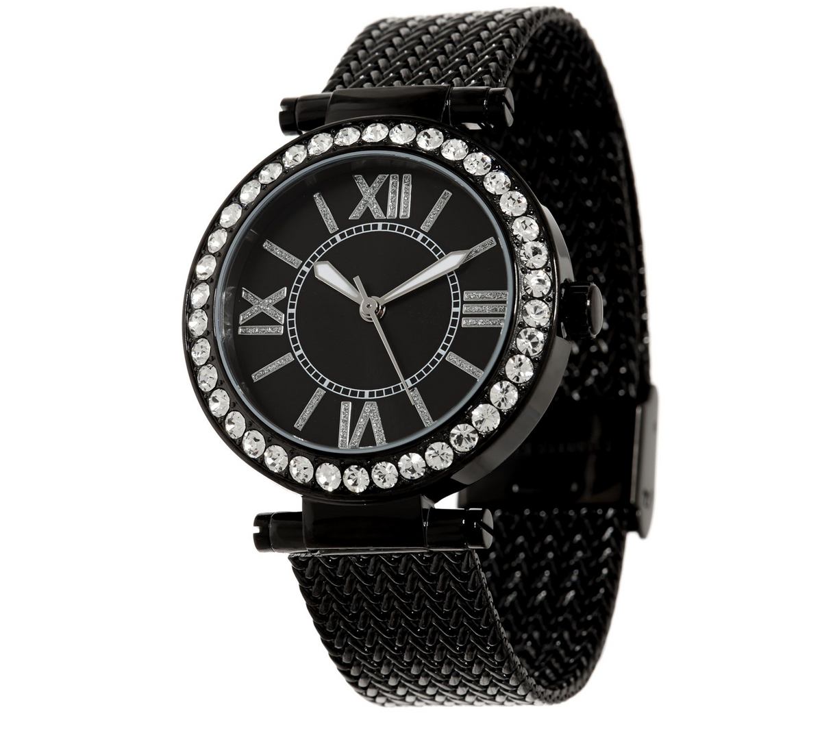 Stainless Steel Mesh Strap Black Watch with Crystal Bezel Design