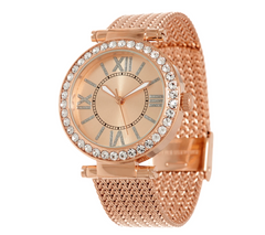 Stainless Steel Rose Tone  Mesh Strap Watch with Crystal Bezel Design