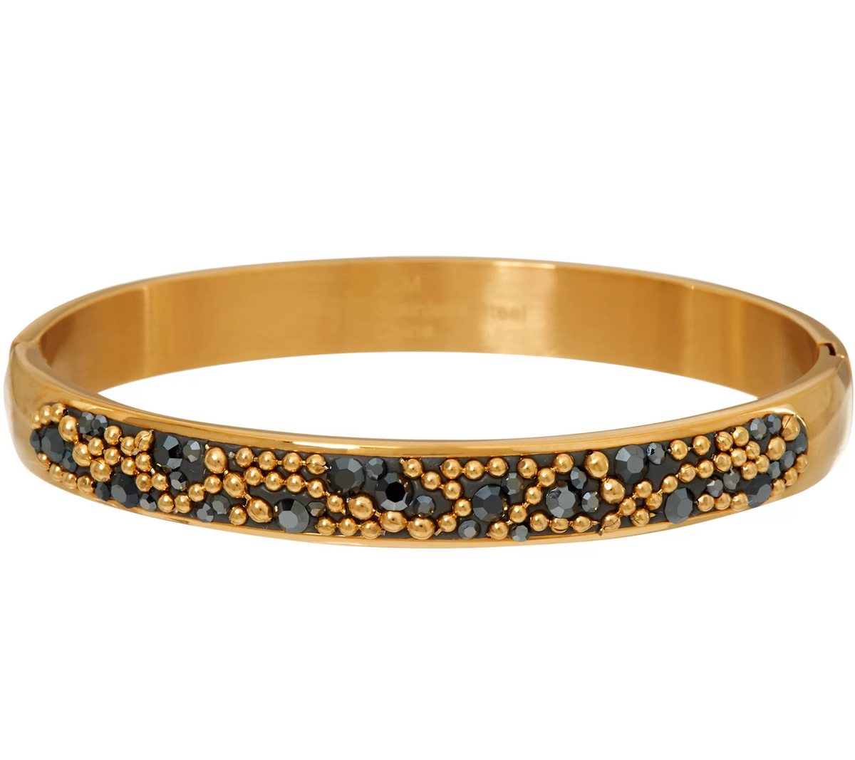 Stainless Steel Crystal and Bead Design Hinged Gold tone Bangle Bracelet, Avg