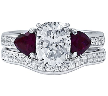 Diamonique & Simulated ruby Bridal Platinum Clad Ring Set Size 6
