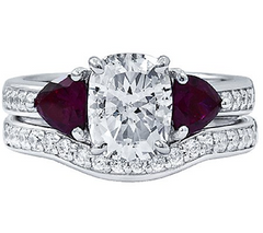 Diamonique & Simulated ruby Bridal Platinum Clad Ring Set Size 6