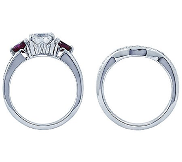 Diamonique & Simulated ruby Bridal Platinum Clad Ring Set Size 6