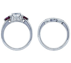 Diamonique & Simulated ruby Bridal Platinum Clad Ring Set Size 6