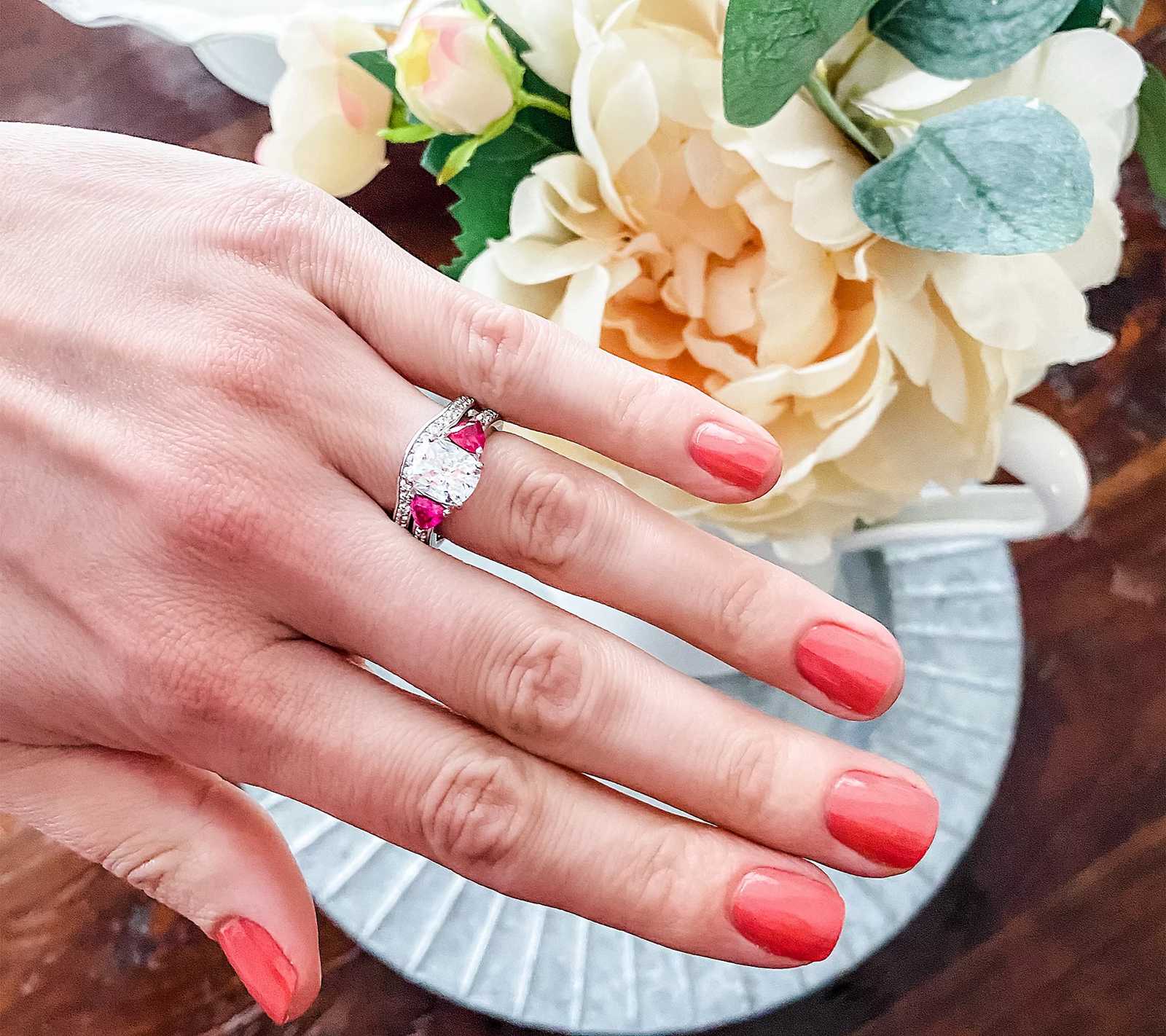 Diamonique & Simulated ruby Bridal Platinum Clad Ring Set Size 6