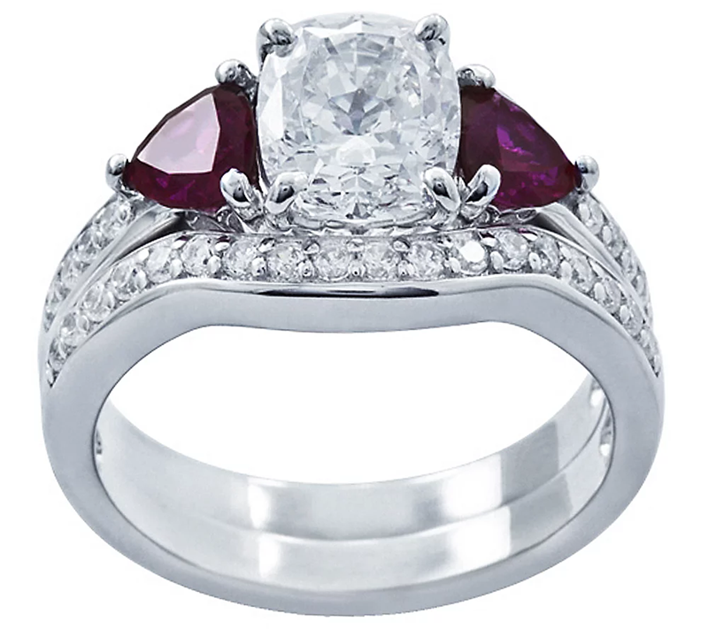 Diamonique & Simulated ruby Bridal Platinum Clad Ring Set Size 6