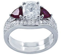 Diamonique & Simulated ruby Bridal Platinum Clad Ring Set Size 6