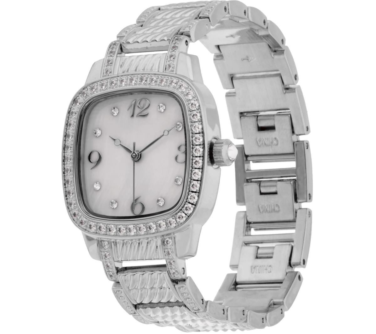 Diamonique Silver Tone Textured Link Bracelet Watch