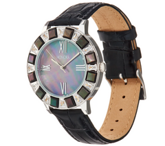 Honora Mother-of-Pearl & Baguette White Topaz Black-Stainless Steel Watch