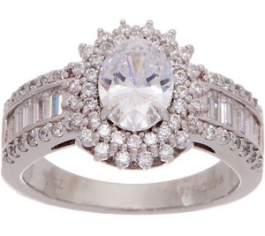 Diamonique Platinum Clad Oval Halo Ring with Baguette Band, Size 10