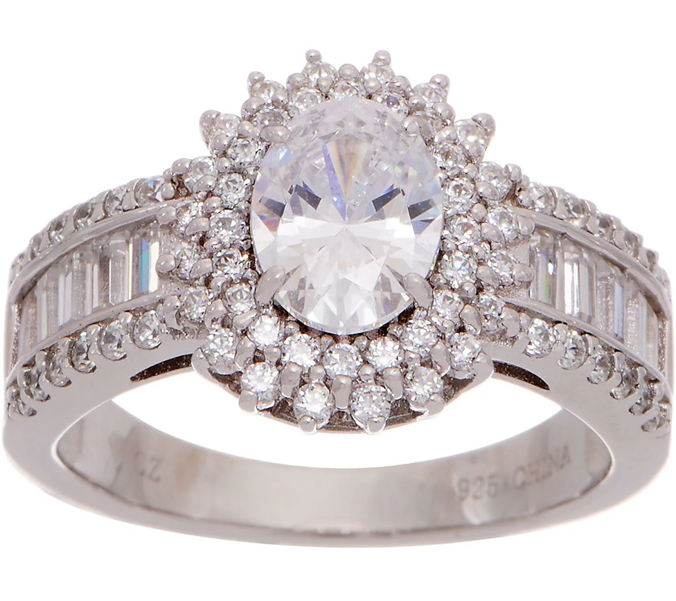 Diamonique Platinum Clad Oval Halo Ring with Baguette Band, Size 10