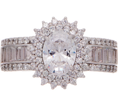 Diamonique Platinum Clad Oval Halo Ring with Baguette Band, Size 10