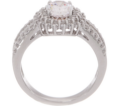 Diamonique Platinum Clad Oval Halo Ring with Baguette Band, Size 10