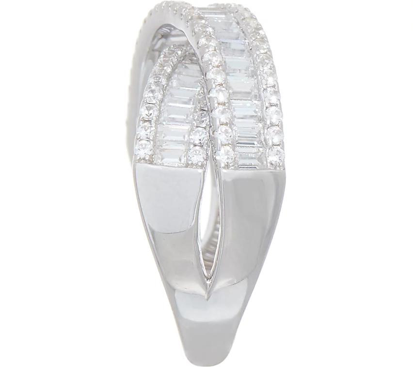 Diamonique Sterling Silver Baguette Crossover Ring Size 7