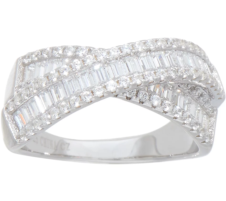 Diamonique Sterling Silver Baguette Crossover Ring Size 7