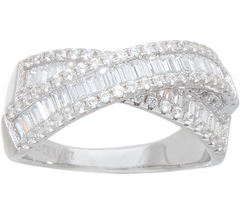 Diamonique Sterling Silver Baguette Crossover Ring Size 7