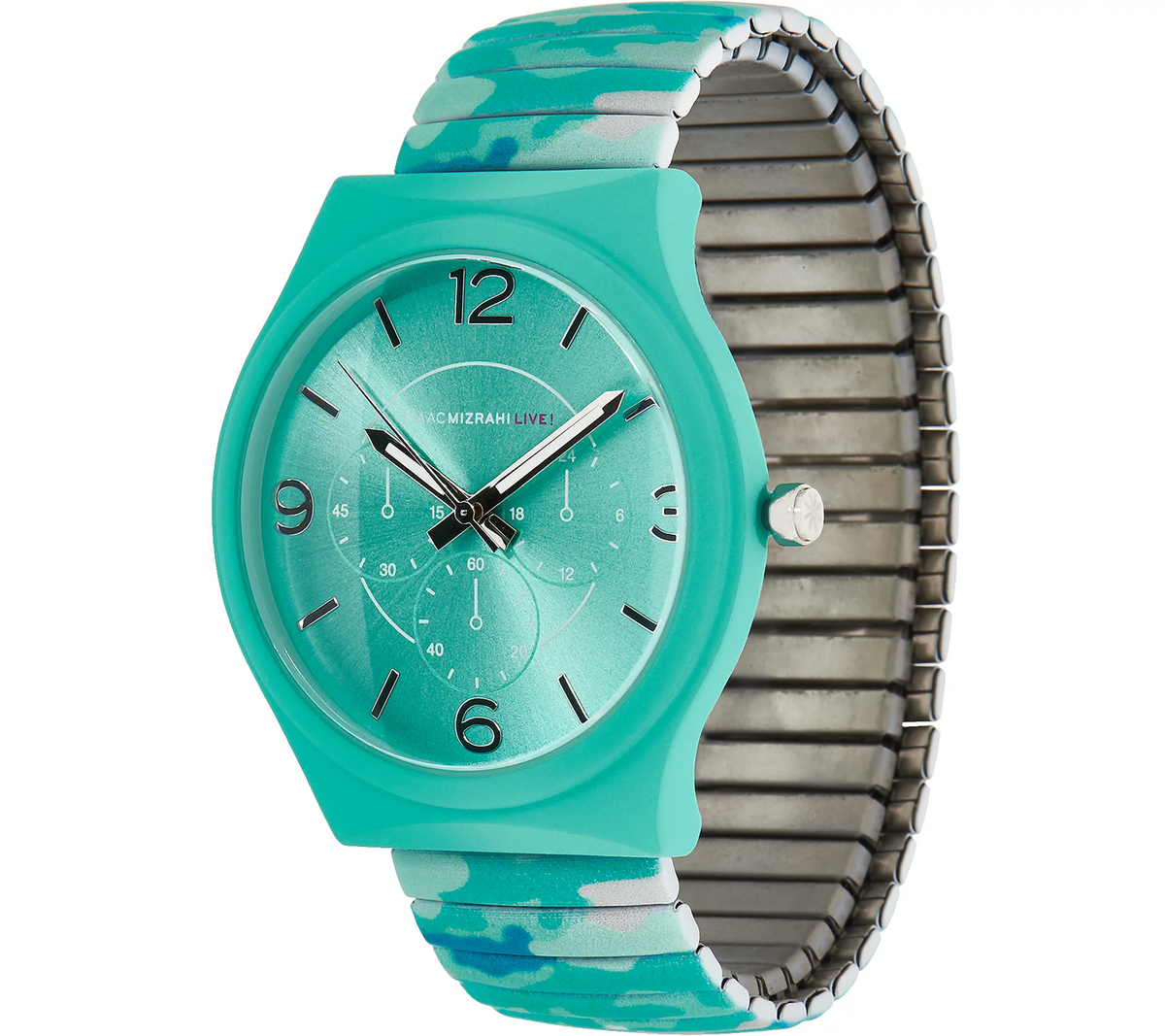 Isaac Mizrahi Live! SOHO Soft Touch Camo Expansion Leather Wat Teal Watch Large