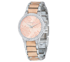 Isaac Mizrahi Live! Etched Floral Design Silver/Rose Tone Bracelet Watch