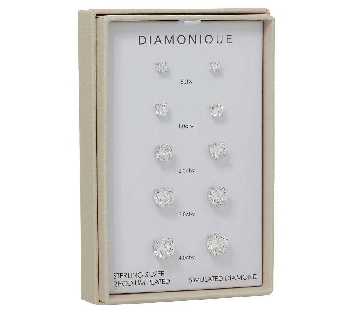 Diamonique Sterling Silver, 925 Set of 5 Round Stud Earrings, 10.50 carats;
