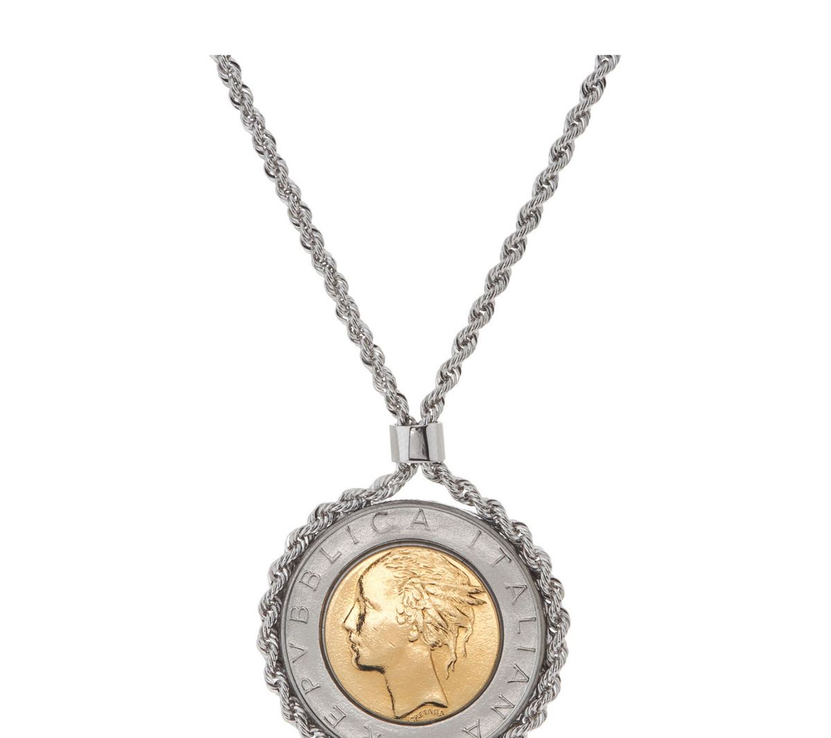 Bronze 500 Lire Coin Silver Tone Necklace by Bronzo Italia
