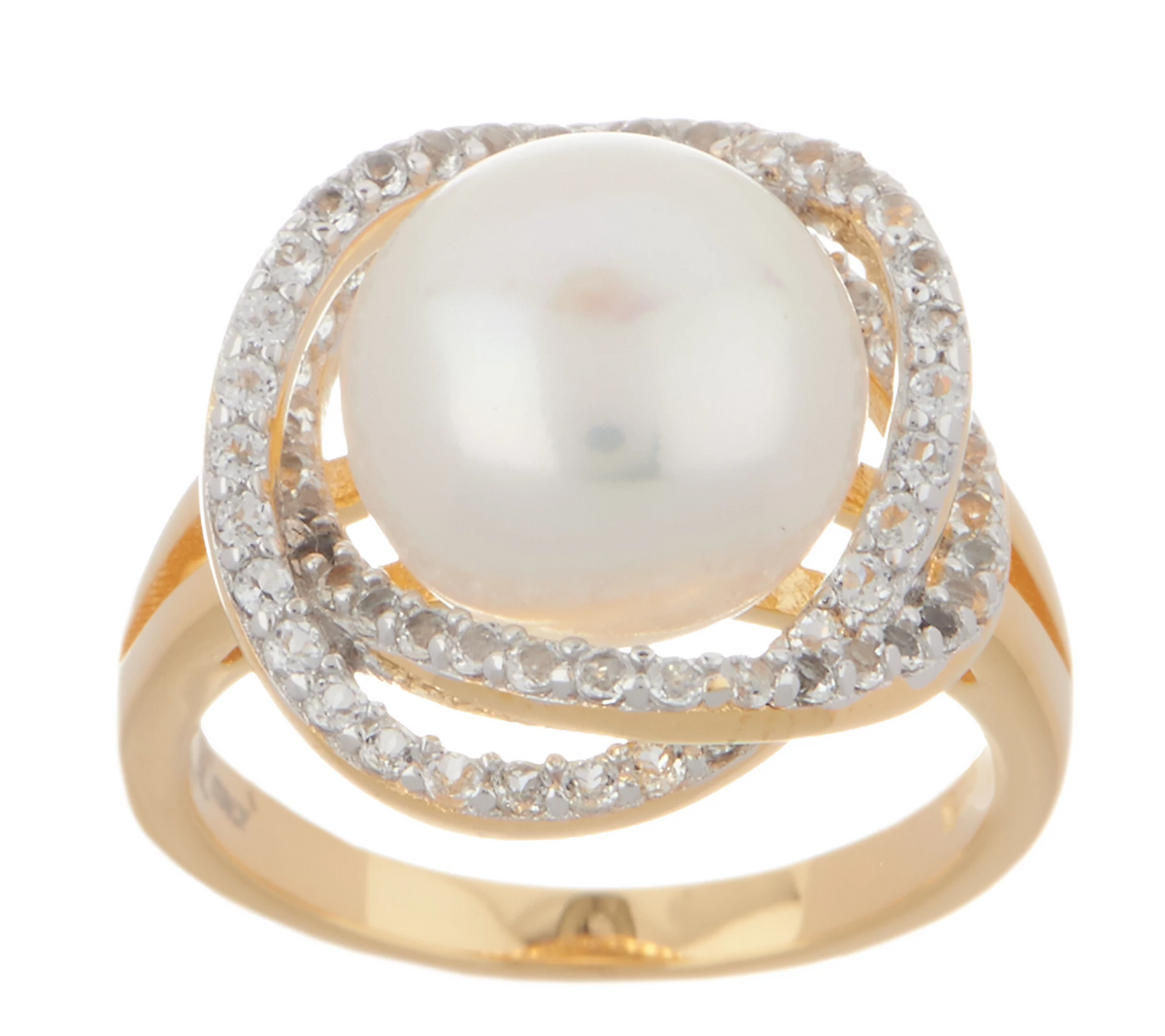 Honora Cultured Pearl/ White Topaz Ring Yellow Clad Sterling Silver Size 6