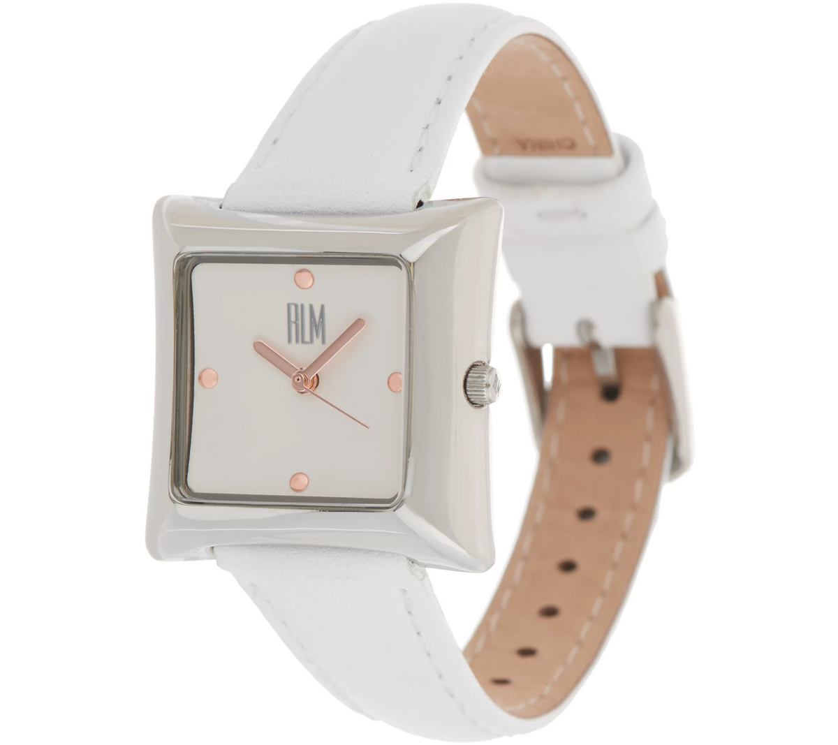 RLM Square White Leather Strap Silver Tone Watch