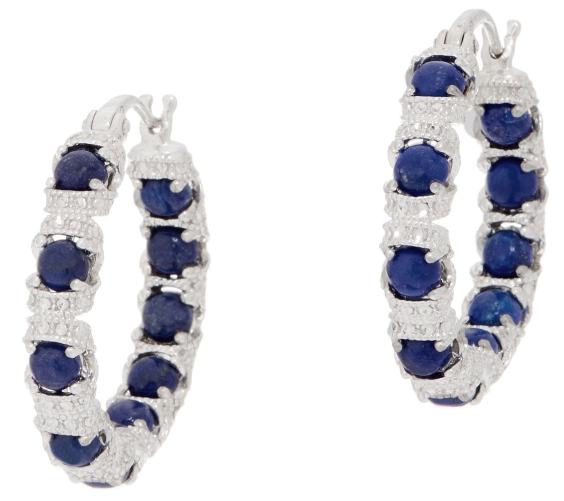 Gemstone Diamond Cut Inside Out Hoop White/Lapis Sterling Silver Earrings