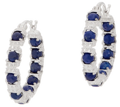 Gemstone Diamond Cut Inside Out Hoop White/Lapis Sterling Silver Earrings