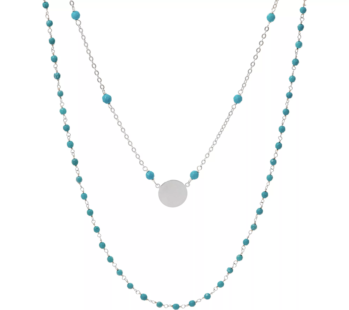 Italian Silver Circle Motif Caribbean Blue Gemstone Necklace Set, 18"; 30"L