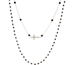Italian Silver Cross Motif Midnight Black Gemstone Necklace Set